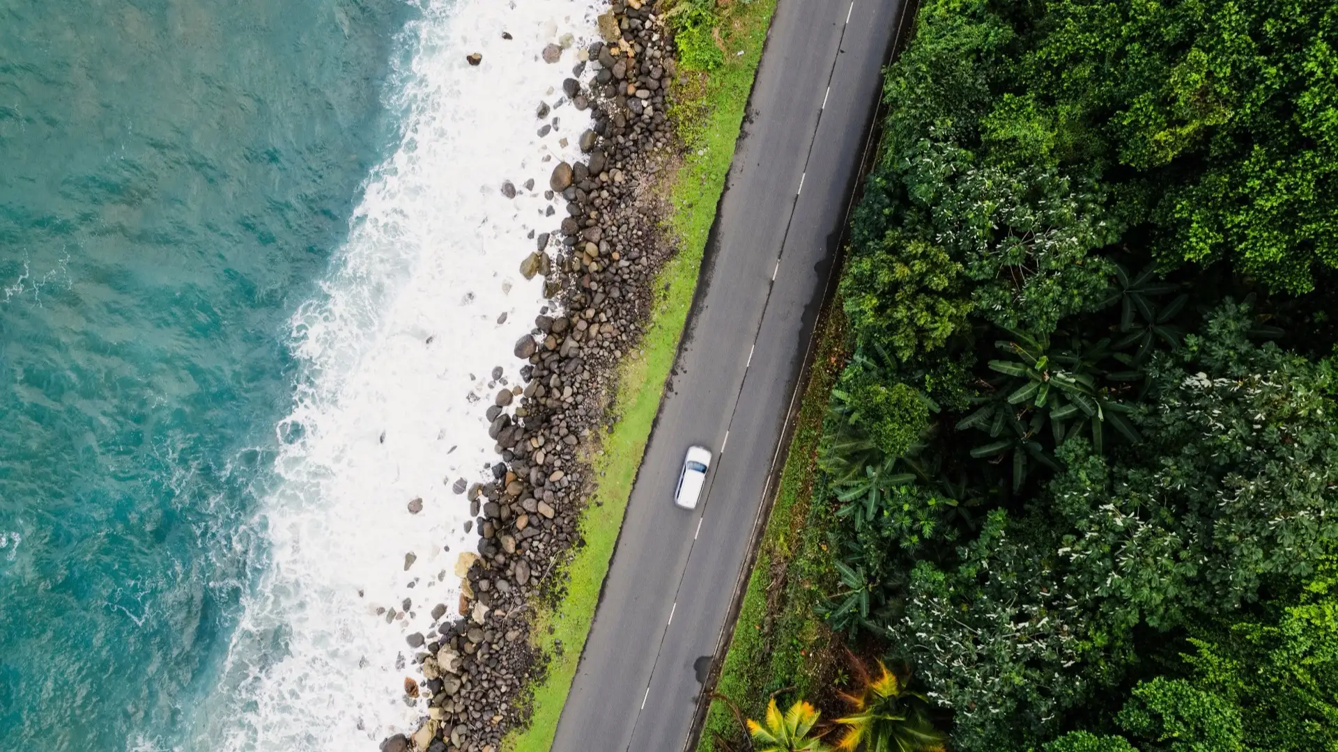 Aerial view of a car driving a coastal road along the Caribbean sea
