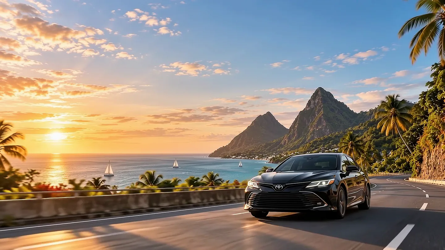 A car driving a coastal road in Saint Lucia